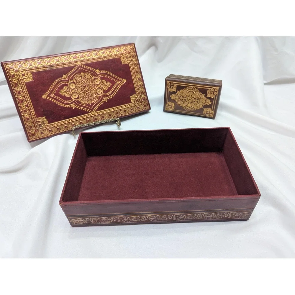 Vintage Signed Leather/Faux Box Set, Hand Tooled Brazilian Storage Boxes